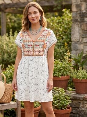 Boutique Savanna Jane Embroidered Polka Dot Short Sleeve Dress